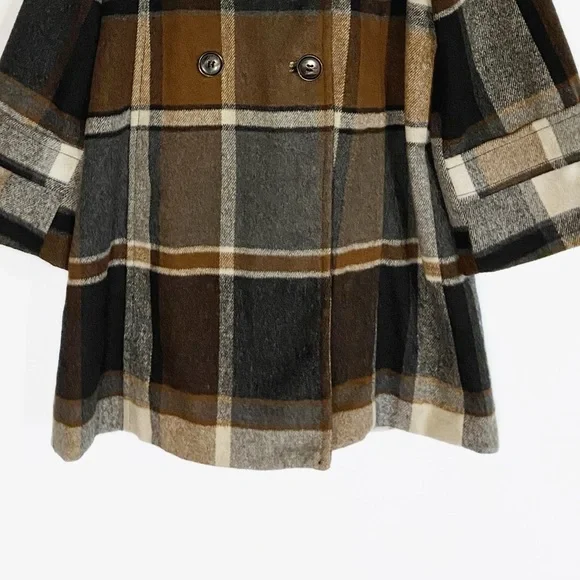 Elevenses Womens Wool blend Plaid Brown and Black Pea Coat Anthropologie size S - Picture 4 of 14